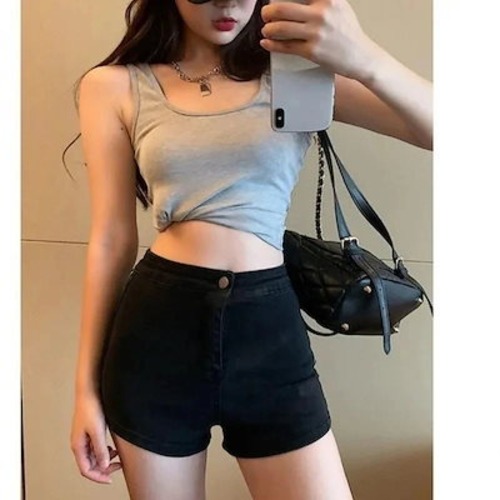 【激安通販】ハイウエストブラックジーンズショートパンツ女性の夏の薄いセクションスキニーパンツ