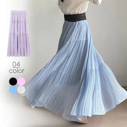 スカート レディース ボトムス ロングスカート フレアースカート ロング丈 フレア プリーツスカート ゆったり 体型カバー ウエストゴム無地 3798