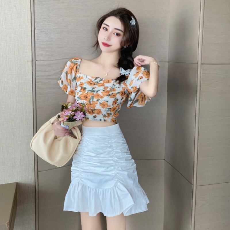 スタイルサマーフローラルショートシフォンシャツ ハイウェストウェストスカート 夏物 花柄 ハンチェンe12531709587