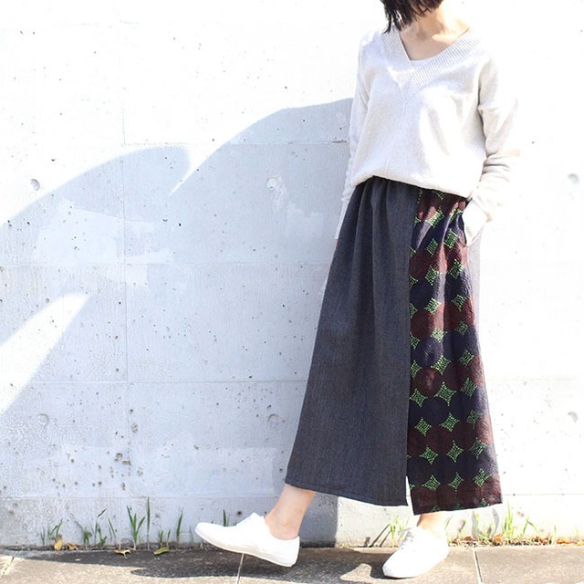 カンタ刺繍シルクとウールのスリットコンビスカート【ヘリンボーンC】
