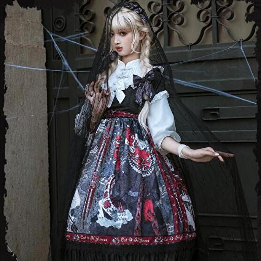 サブカル 服 地雷系 通販 華ロリ ロリータ ワンピース ノースリーブ リボン レース フリル 柄 プリント イラスト スカート ダーク ゴシック ミドル丈
