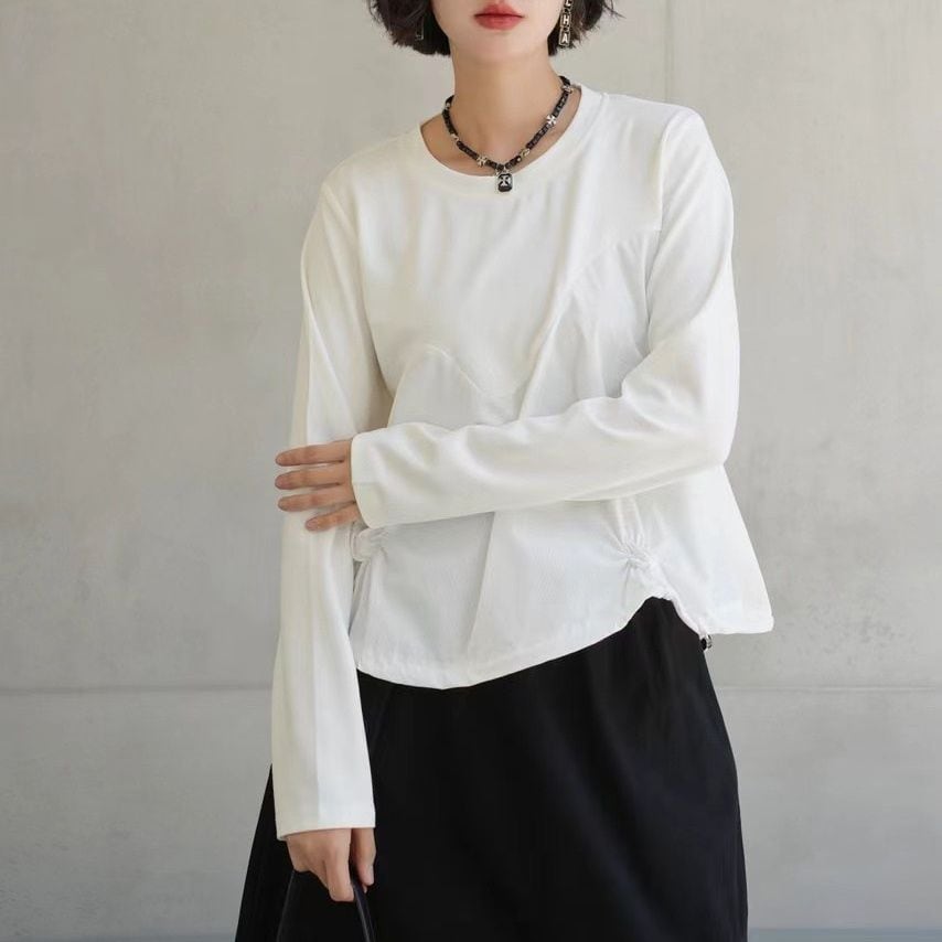 RUCHED ASYMMETRIC LONG SLEEVE CREW NECK TOP M-18529