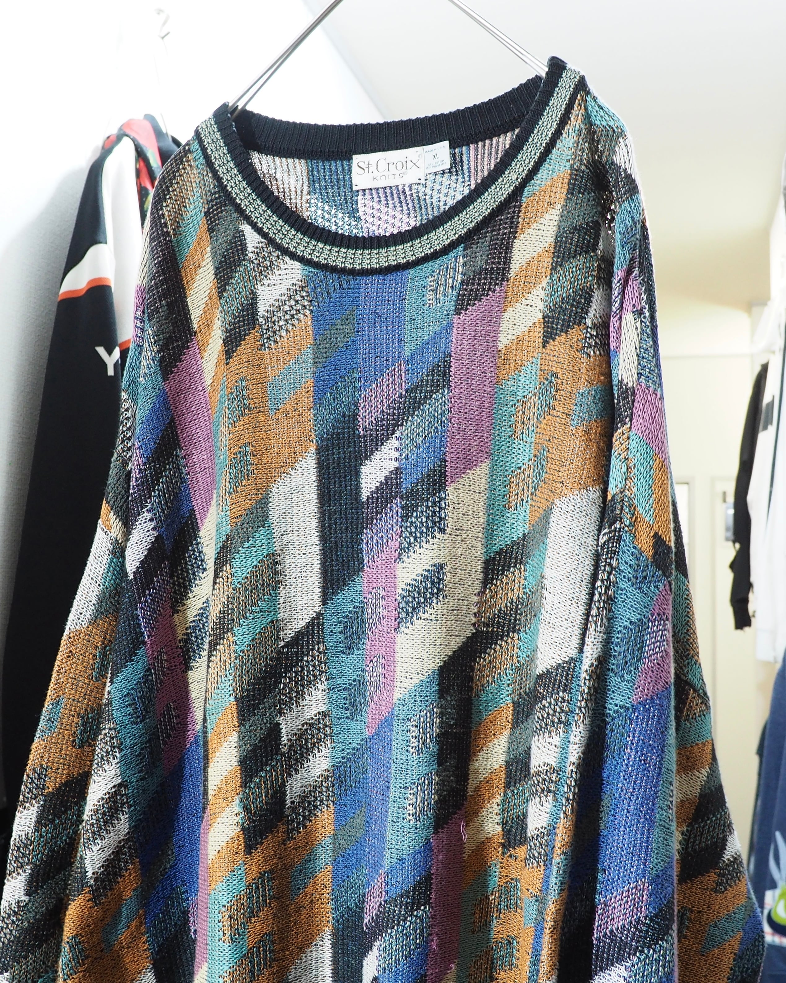 1990s " St.croix - Made in USA " Colorful pastel Block pattern vintage loose knit