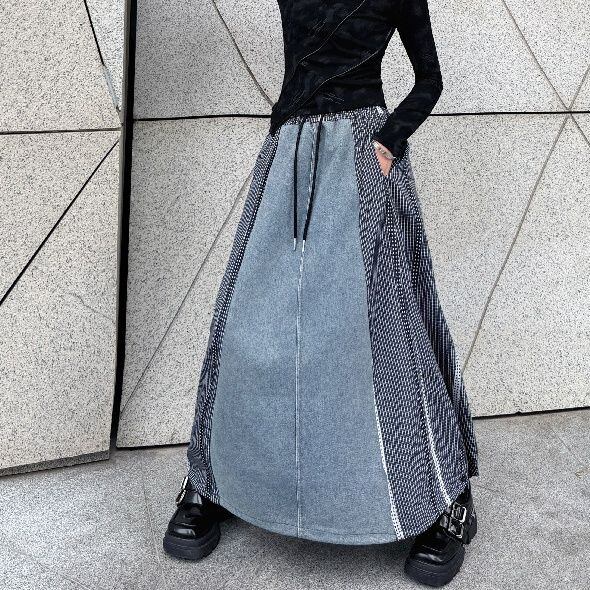 HOUNDSTOOTH PANEL DENIM DRAWSTRING MAXI SKIRT M-17204