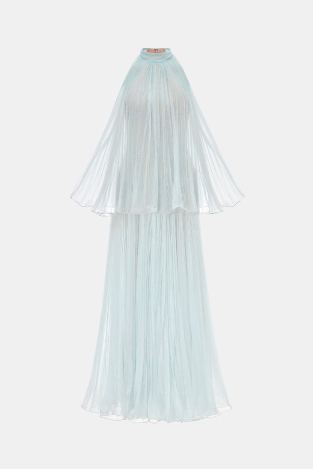 【新品DRESS 4949】ブループリーツドレス ライトブルー フレア ロングドレス ハイネック ヴェール アメスリ バックリボン【MONTSAND】