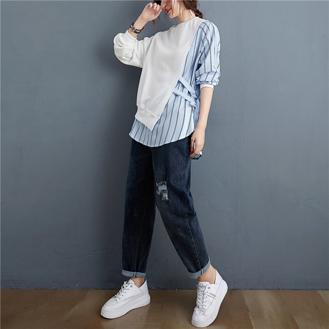 トップス シャツ レディース 送料無料 袖あり 長袖 襟付き ストライプ レイヤード スウェット パフスリーブ 大人可愛い きれいめ シンプル 大人 上品 おしゃれ お洒落 エレガント 大きめ ビッグシルエット  白 ホワイト 緑 グリーン 水色 ブルー 黒 ブラック 無地 パステルカラー 春カラー 春 20代 30代 40代 50代 女性用 ママ オフィス ビジネス OL 通勤 着回し 普段使い ファッション コーデ スタイル モテ プレゼント ギフト 定番 プチプラ 安い 送料無料 流行 トレンド