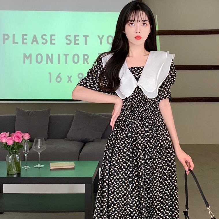 【新作】【送料無料】 韓国スタイルの優しいスタイルの花柄ロングドレスフレンチ蓮の葉の襟太った女の子スリムウエスト痩身気質多彩なニッチドレス 0233442596367