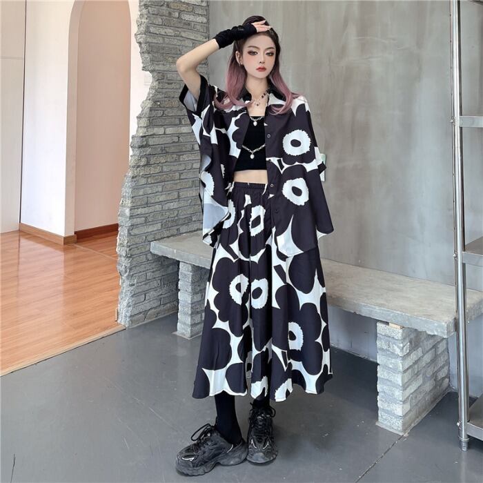 スタイルスタンダードカジュアルサマープリント柄シャツ ルーズスカート レトロ かわいい 夏物 ケッペル54268958164