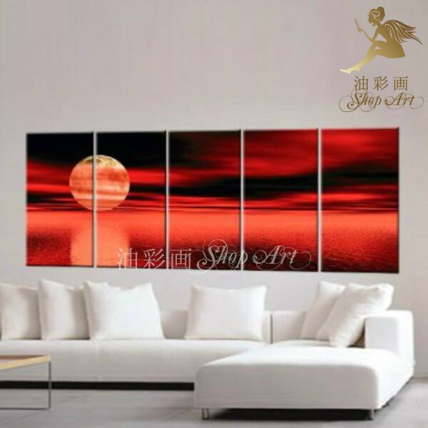 5パネル 赤い満月と海 油彩画 インテリア モダン アートパネル