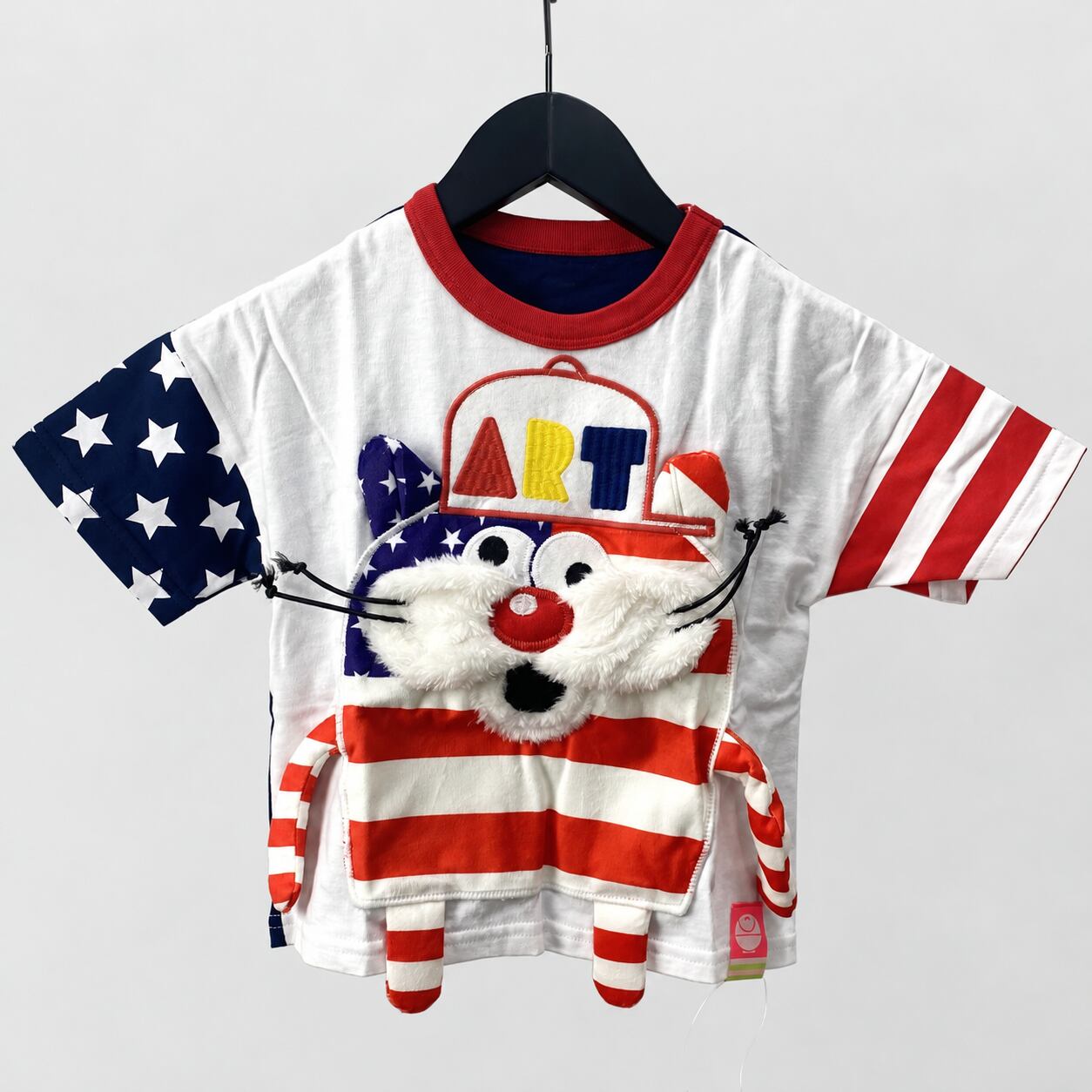 はらぺこペイント 半袖Tシャツ ホワイト×ネイビー×レッド アメリカン 星条旗 だまし絵風 キッズ