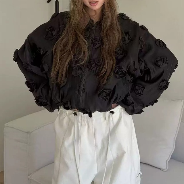 Rose decorative zip-up blouson A1761