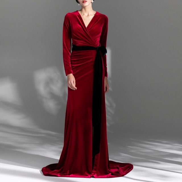 ボルドー　マキシ丈　マット　パーティードレス ipd0540