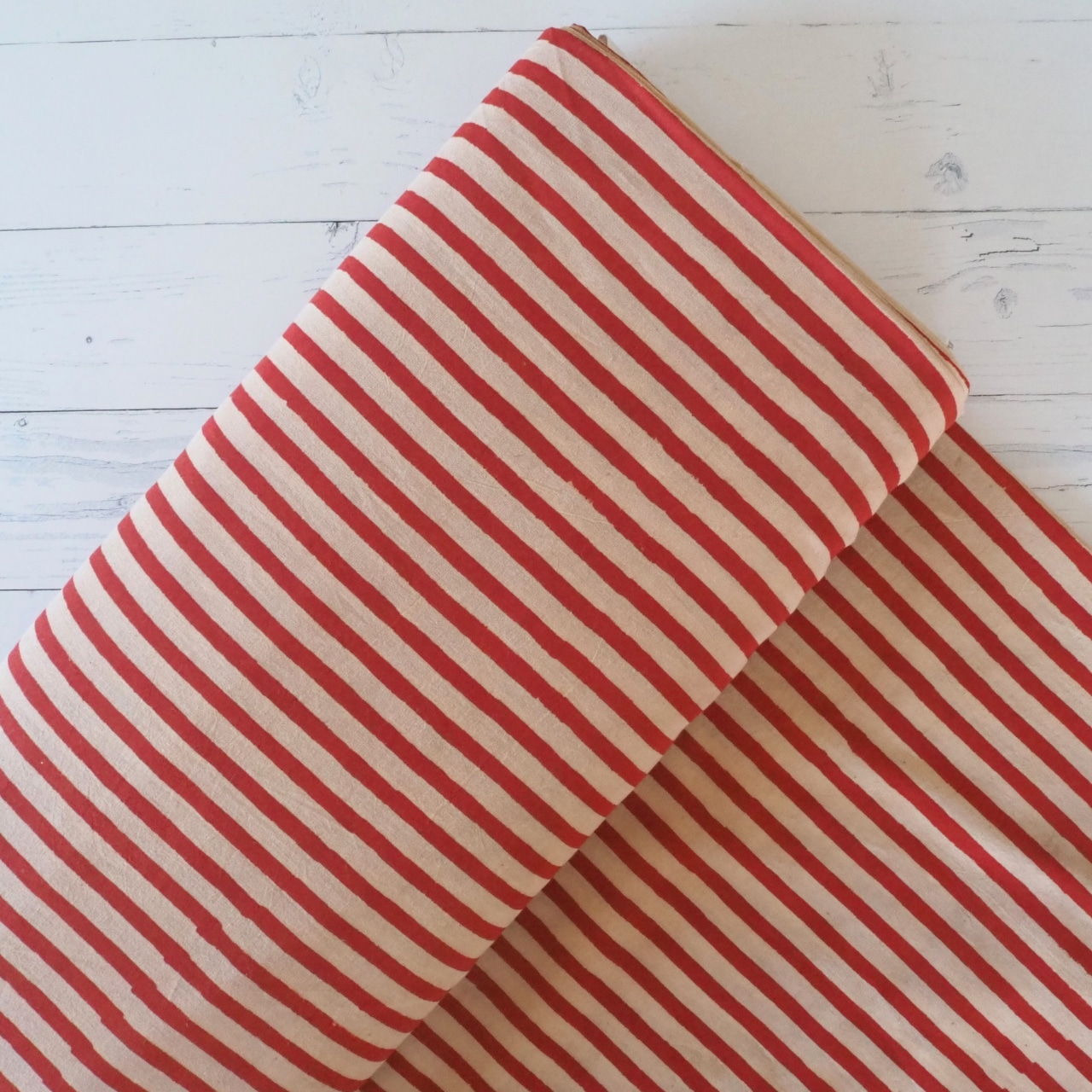 ブロックプリント生地【50cm単位】インド綿 ストライプ柄 生成り×赤 #50410-RD1