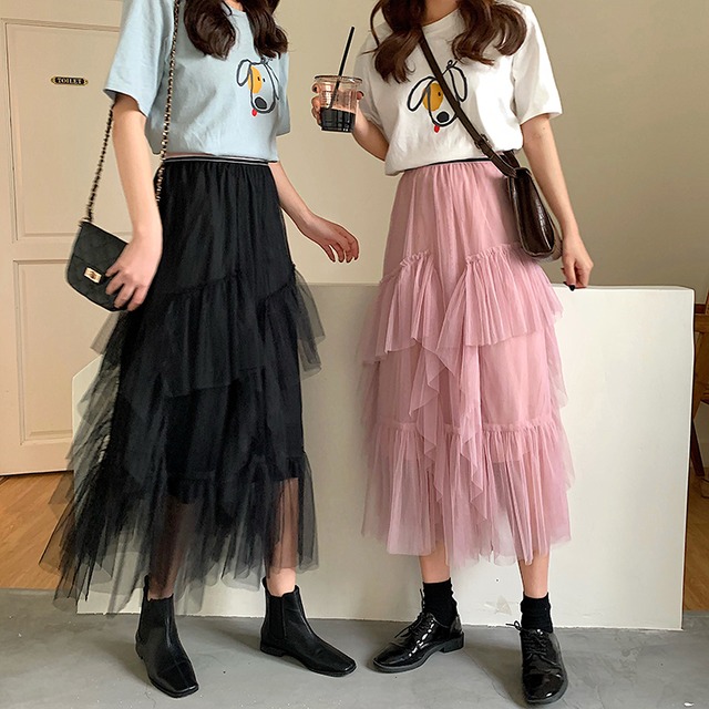 スカート チュールスカート フリル ミモレ丈 フレア ハイウエスト 大人可愛い デート お出かけ