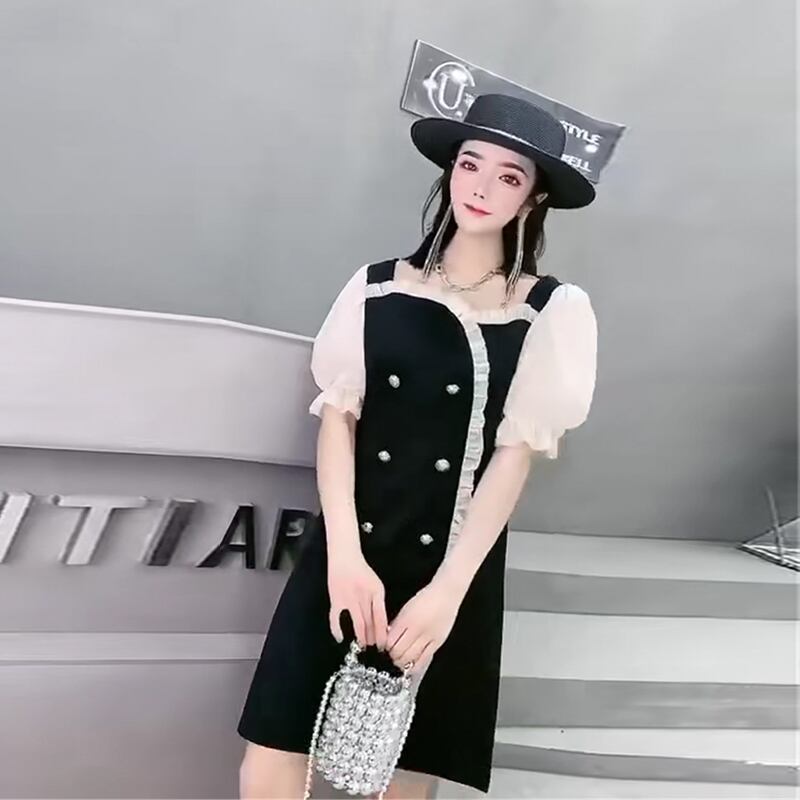 サマースタンダードスリーブウェストスカート ドレス レトロ 大きめサイズ 夏物 スクウェア ミックスインファッション82363291657