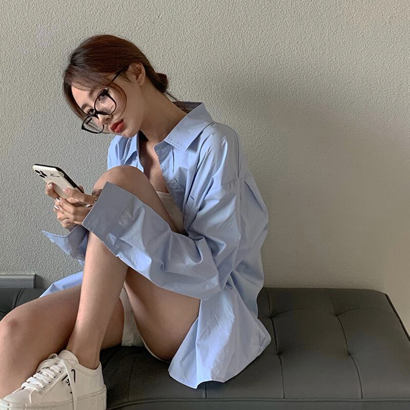 ブルーシャツ スプリングカーディガンルーズ薄手レディース 春物 試着室18738793364