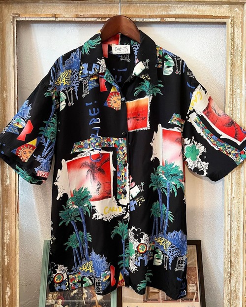 90s〜 antique pattern black color aloha rayon shirts【L 】