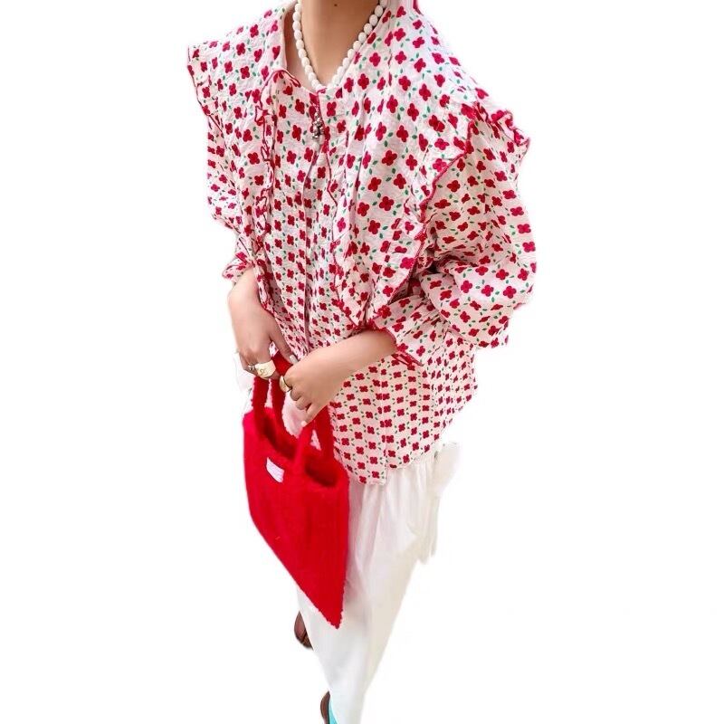 【2デザイン】ハート　赤　ピンク　リボン　白　ブラウス　トップス　ゆったり　ガーリー　可愛い　シンプル　シャツ　襟