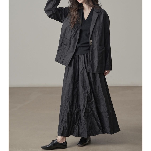 Wrinkle-processed jacket & a-line maxi skirt set【2color】 C1068