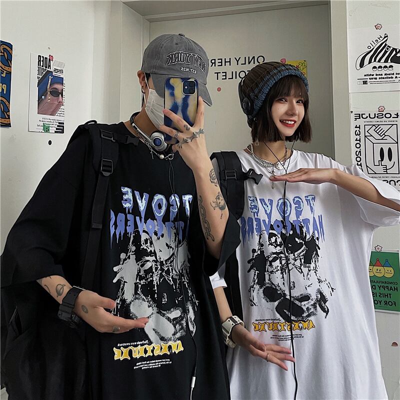 送料無料】KOREA サマーダークプリントルーズTシャツ レディース