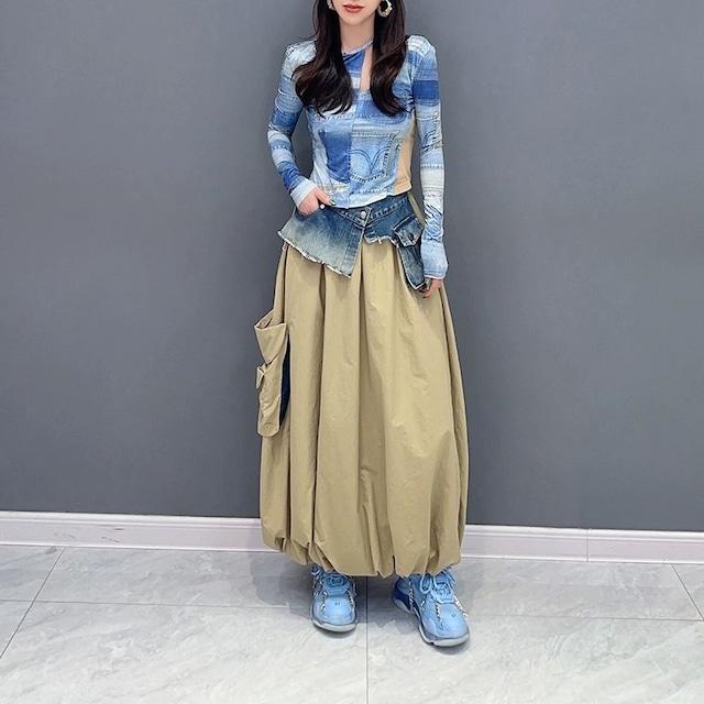 DENIM FLAP ELASTIC WAIST LONG BALLOON DESIGN SKIRT 2color M-8854