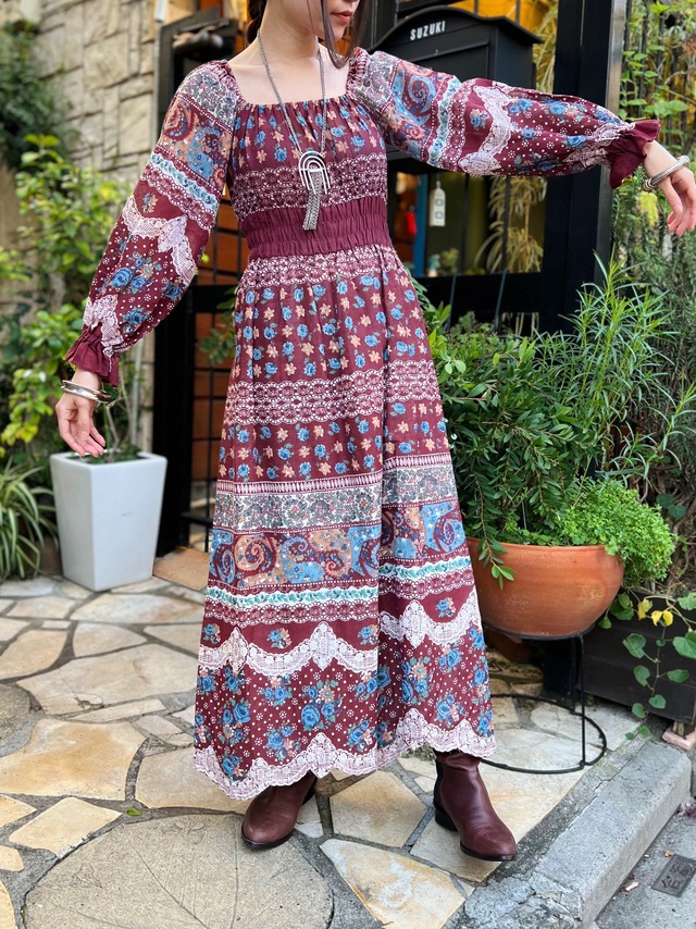 70s wine red floral & lace cotton dress ( ヴィンテージ ワインレッド × 花柄 × レース コットン ワンピース )