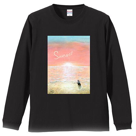 リブ付き長袖Tシャツ。SX～XXL。オシャレなイラスト付ロンT。sunset2