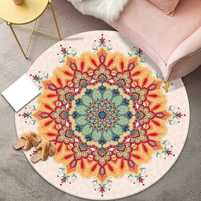 カーペット ラウンド 円形 曼荼羅 クリスタルベルベット調 おしゃれ エスニック インテリア 直径 100cm 120cm 滑り止め 絨毯 ラグ ヨガ マット 北欧 洗える
