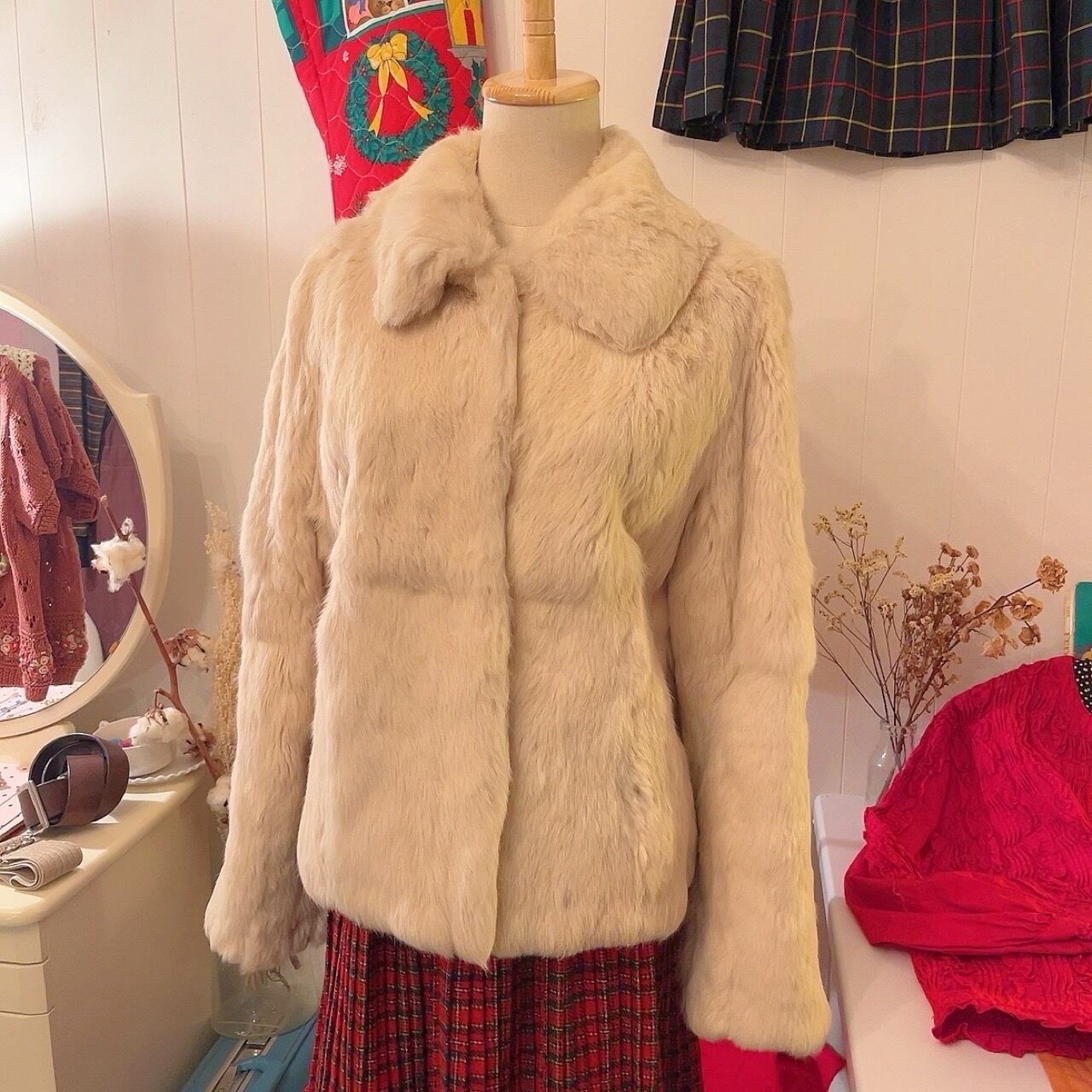 cream rabbit fur coat