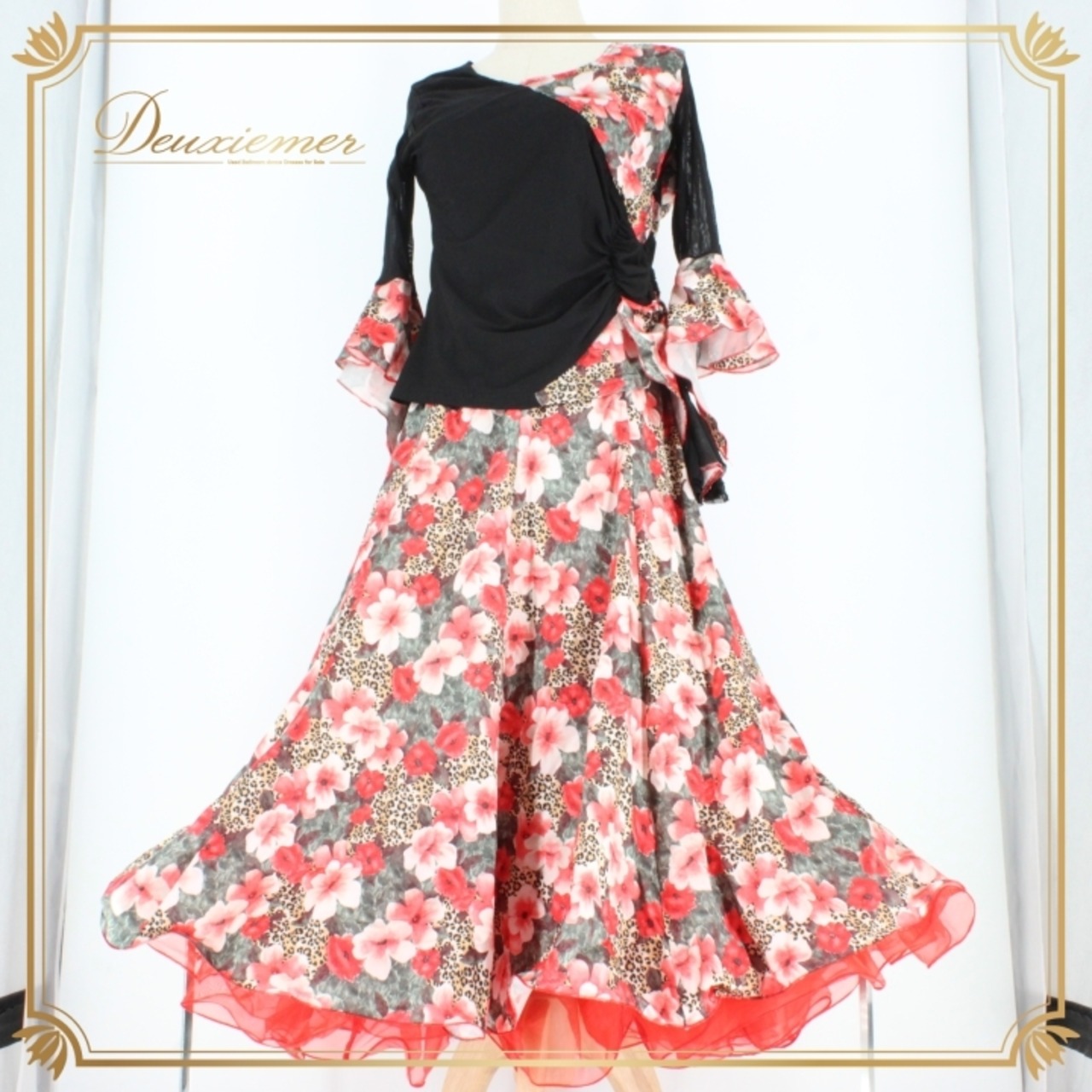 社交ダンス 衣装 スタンダード 上下セット ツーピース レッスンウェア パーティ衣装 赤 黒 ICHIOKU イチオク ブラック系 レッド系 花柄 シック デザイン 二重スカート ボリューム 優雅 動き ヒョウ柄 伸縮性 ウエストゴム パーティー ダンスウェア フラワープリント レディース おしゃれ 華やか 上品 体型カバー 競技用 かわいい