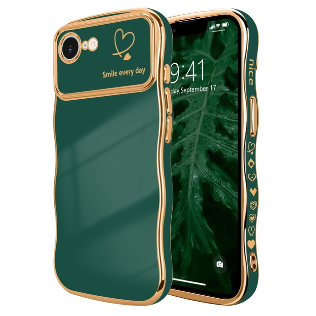 LCHULLE iPhone 17e/16e 用 ケース ウェーブ おしゃれ 滑り止め 韓国 可愛い ハート柄 メッキ 軽量 耐衝撃【ダークグリーン】
