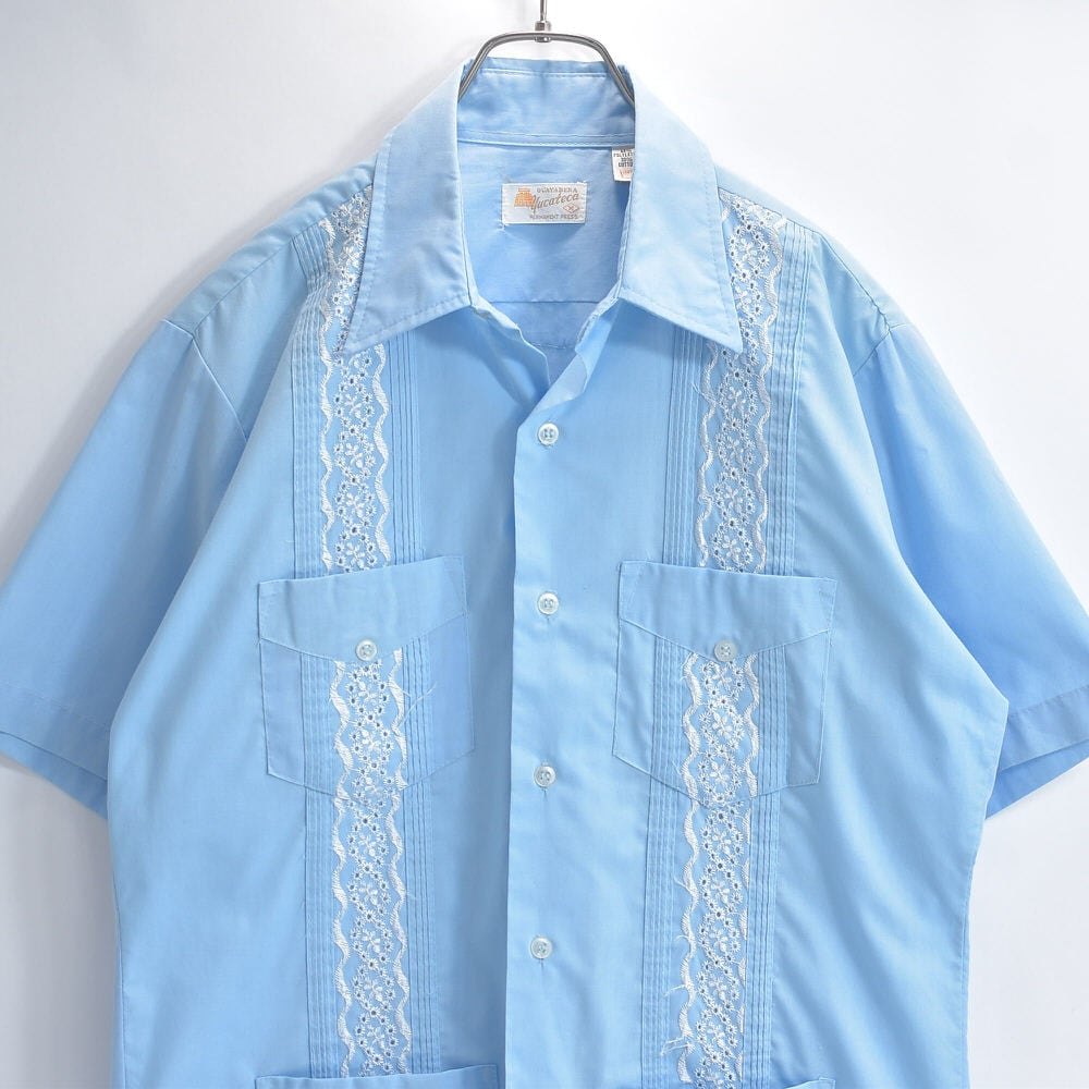 70s GUAYABERA Yucateca グアヤベラユカテカ 刺繍 ピンタック デザイン 半袖 キューバシャツ サックスブルー ヴィンテージ ビンテージ USA アメリカ古着 メンズMサイズ