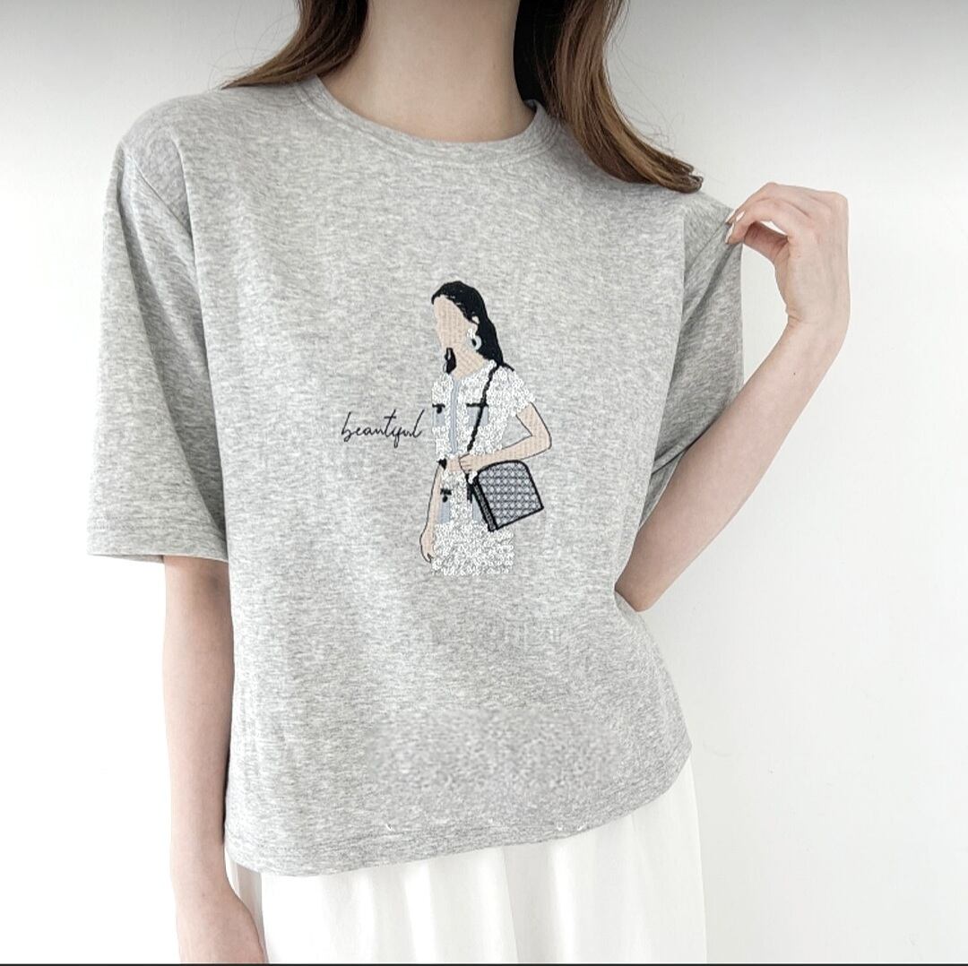 【送料無料◎-MADE IN KOREA-】ビジューTシャツ(グレー)
