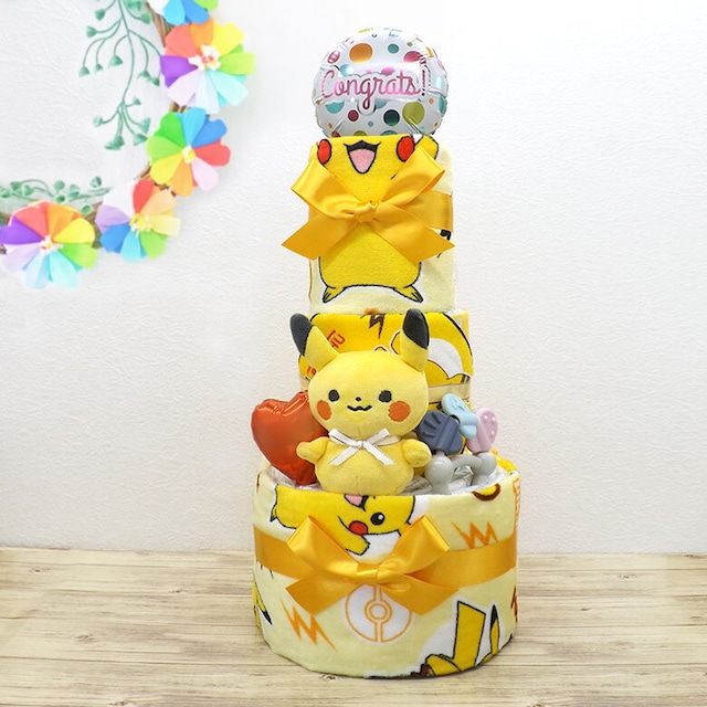 ピカチュウ おむつケーキ タオルセット＆ベビーアイテム付き イエロー 男女共用 3段 pika-t3