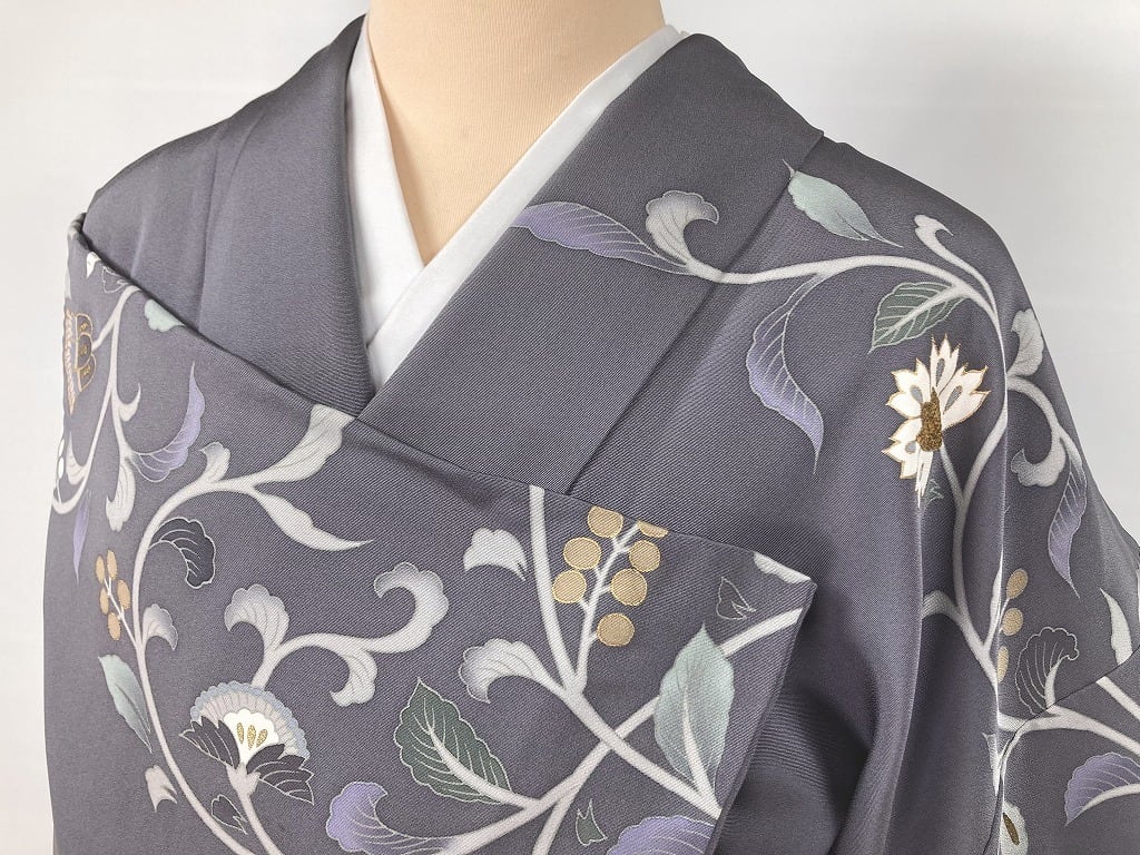 京友禅 刺繍 金彩 唐花 訪問着 袷 正絹 黒 紫 グレー 1168 京友禅 刺繍 金彩 唐花 訪問着 袷 正絹 黒 紫 グレー 1168
