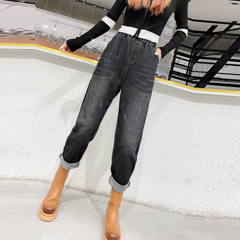 ラージサイズのレディースジーンズ、女性のヒップと太もも、太い洋ナシ型のフィギュア、ハイウエスト、ルーズファットシスター、薄いカジュアルパンツ、オールマッチ ミックスインファッション72942109485