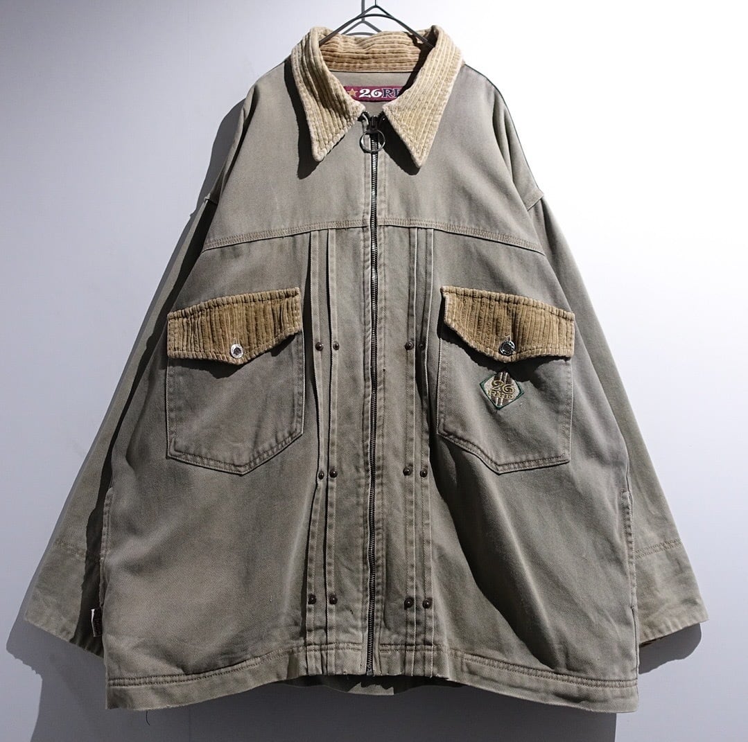 90s Faded Khaki Corduroy Panel Design Zip Jacket