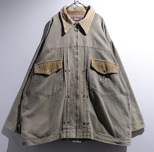 90s Faded Khaki Corduroy Panel Design Zip Jacket