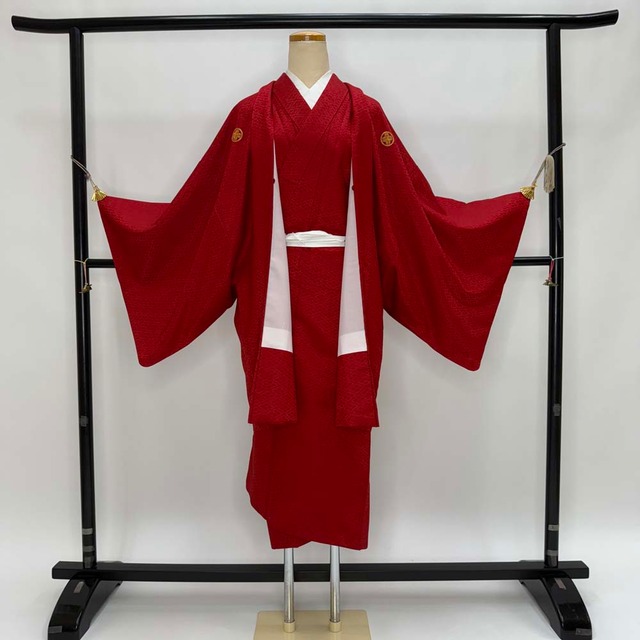 男紋付 2点セット 男着物 紋付 ポリエステル 羽織 長着 裄73cm L size 赤 五つ紋 中古 成人式 5049