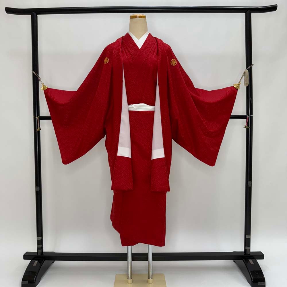 男紋付 2点セット 男着物 紋付 ポリエステル 羽織 長着 裄73cm L size 赤 五つ紋 中古 成人式 5049