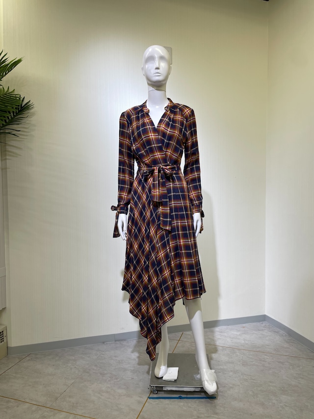 【新品DRESS 113】チェック柄 シャツ風 アシンメトリー ハンカチーフヘム 袖リボン ミモレ丈 フレア ロングドレス ネイビー ワンピース インポートドレス 海外ドレス【RINASCIMENTO】