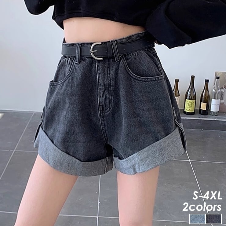 デニム ショートパンツ ロールアップ 2way ハイウエスト ワイド A