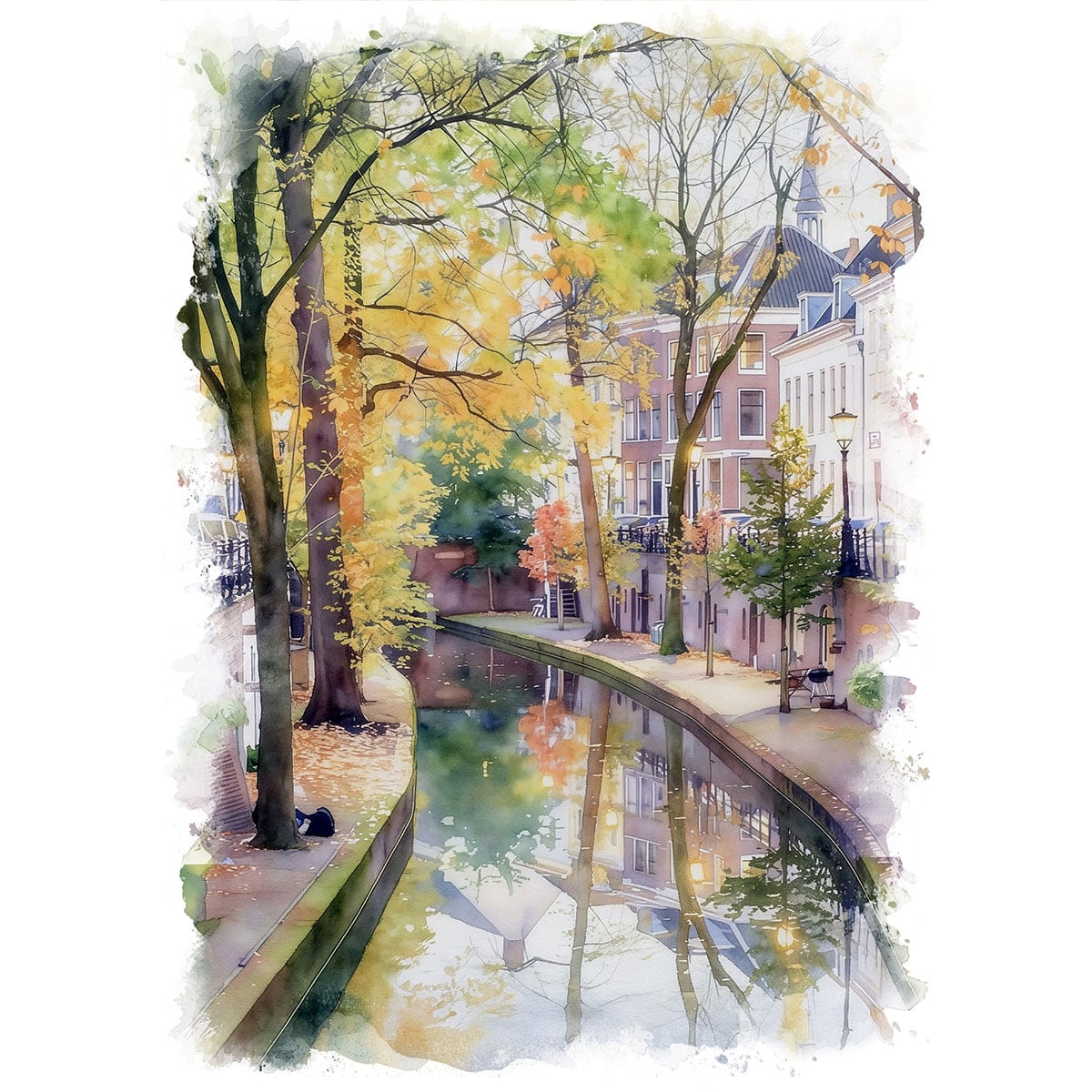 絵画 風景画(街並み) 秋 オランダ ユトレヒトの紅葉 インテリアアート