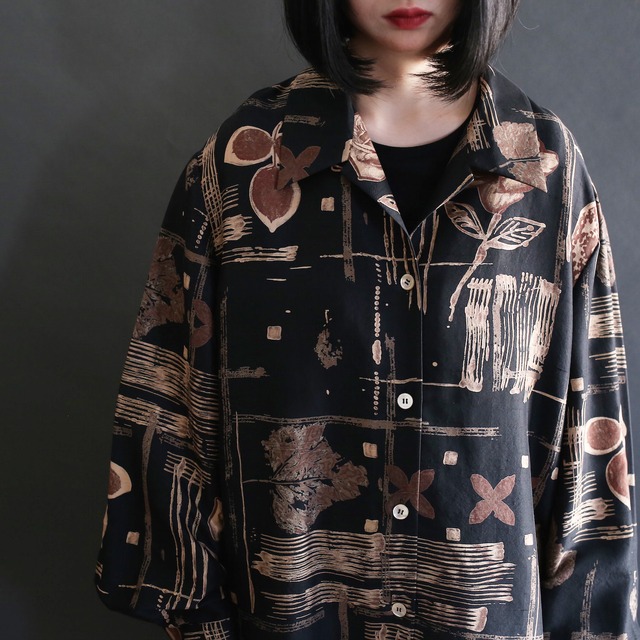 rose and leaf art pattern l/s open collar shirt