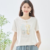 TRUBE 花柄フリップフロップサンダルイラスト半袖Tシャツ【M~L】ホワイト