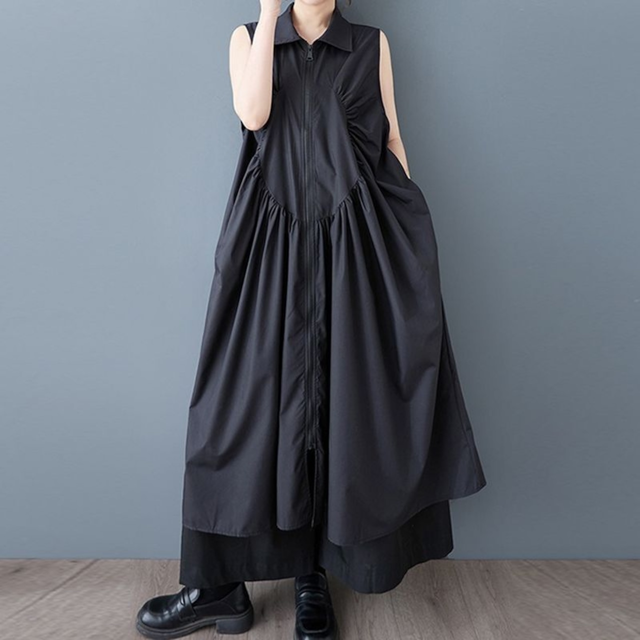 フロントジップ ギャザー ワンピース 30154