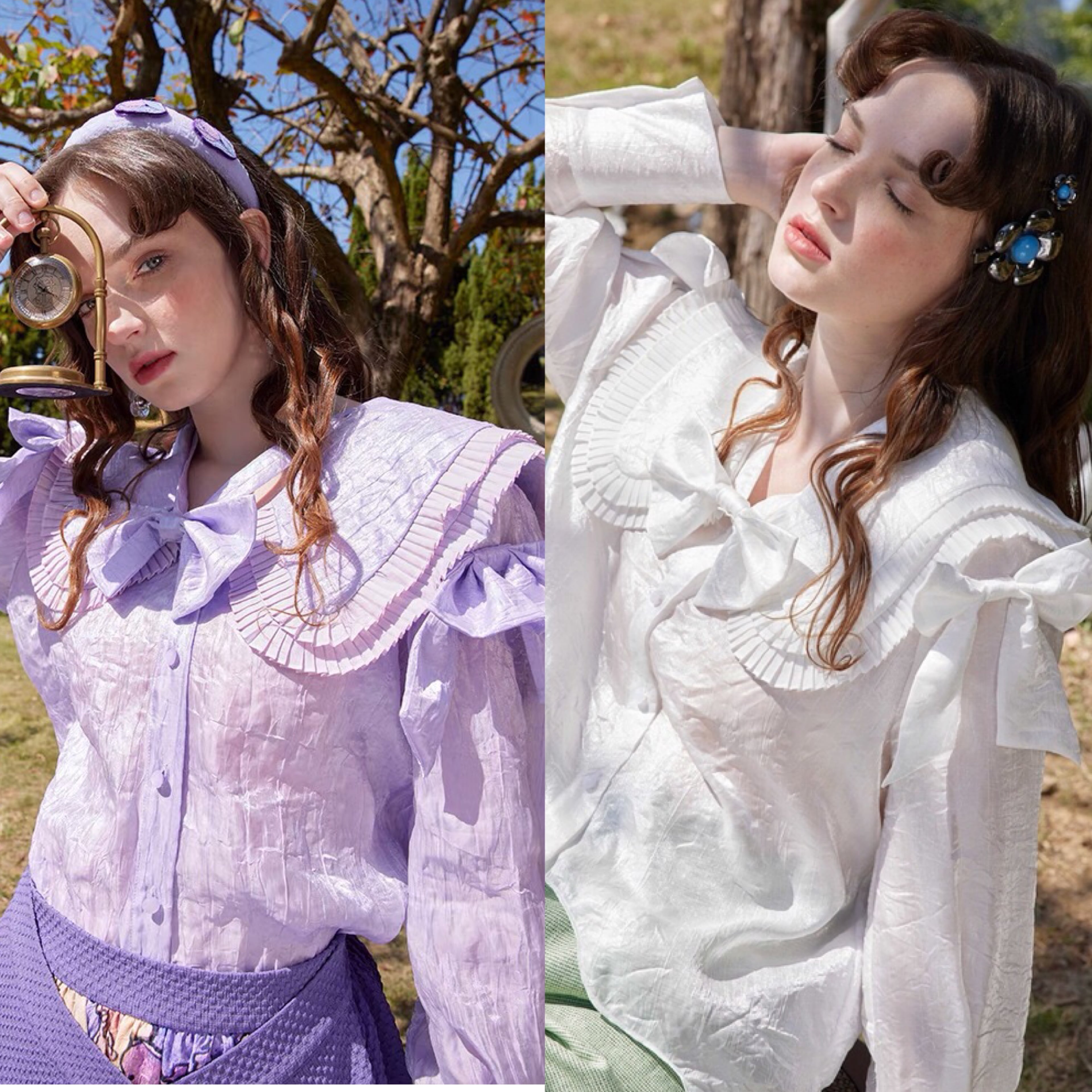 ブラウス 紫 パープル 白 ホワイト 丸襟 Tシャツ トップス ブラウス