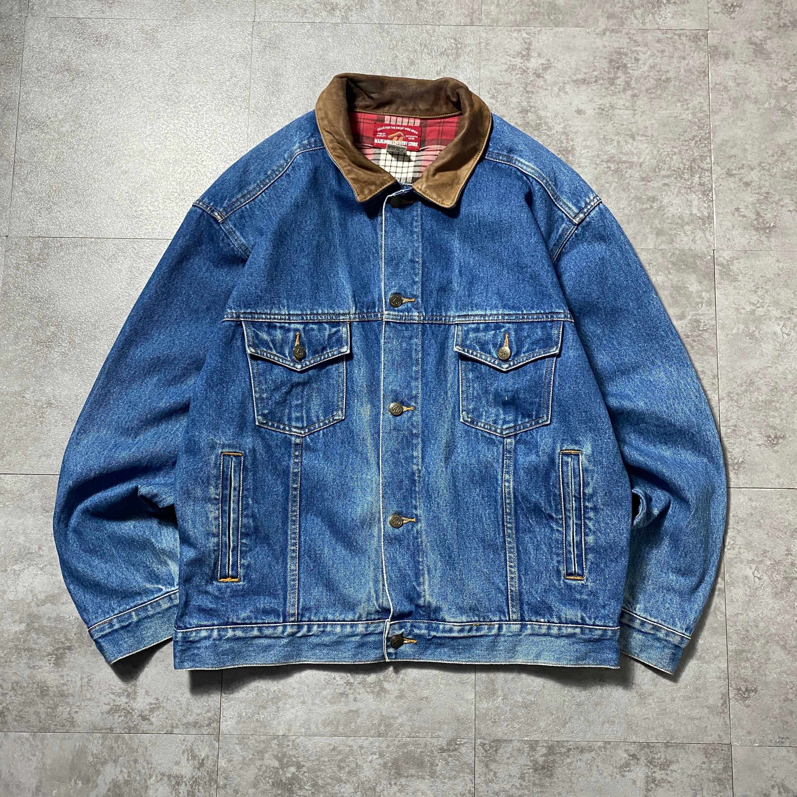 90's Marlboro マルボロ レザー襟 ダブルポケット デニムジャケット