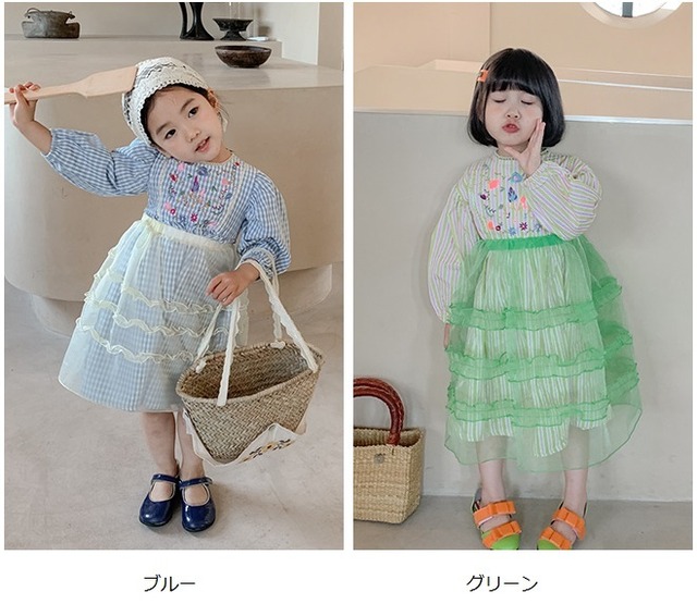 【韓国子供服★おしゃれなチュールスカート付き ナチュラル長袖 ワンピース】 80cm 90cm 100cm 110cm 120cm 130㎝ 子供服 子ども服 女の子 七五三 ブルー グリーン  発表会 結婚式 カジュアル キッズ プチプラ ジュニア おしゃれ 安い かわいい