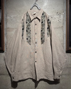 【Caka】80's Geometric Pattern Switching Vintage Linen Shirt Jacket